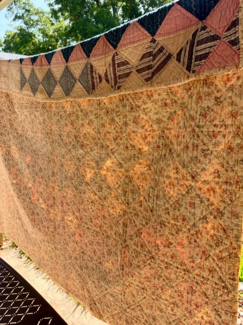 Vintage 1950s Patchwork Quilt 62 x 82, Handmade Hand Quilted Diamond Quilt
